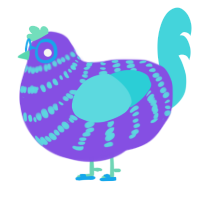 A blurple and aqua chicken with a bar pattern
