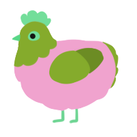 A pink and chartreuse chicken with a head pattern