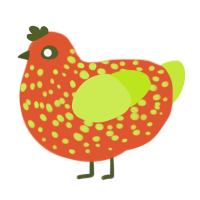 A vermilion and lime chicken with a speckle pattern