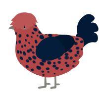 A red and tumblr chicken with a speckle pattern