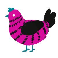 A fuchsia and black chicken with a bar pattern