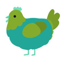 A turquoise and chartreuse chicken with a head pattern