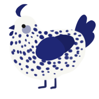 A white and navy chicken with a speckle pattern