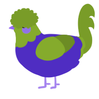 A indigo and chartreuse chicken with a head pattern
