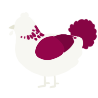 A white and maroon chicken with a neck-speckle pattern