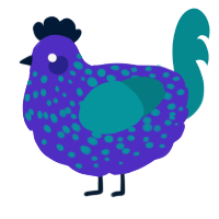 A indigo and teal chicken with a speckle pattern