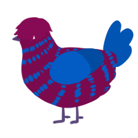 Tomato, a wine and ultramarine chicken with a bar pattern