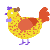 Bow, a yellow and vermilion chicken with a speckle pattern