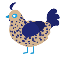 A beige and navy chicken with a speckle pattern