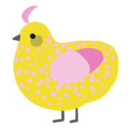 A yellow and pink chicken with a speckle pattern
