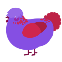 A blurple and crimson chicken with a neck-speckle pattern