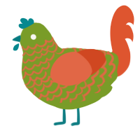 A chartreuse and vermilion chicken with a lace pattern