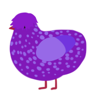 A violet and blurple chicken with a speckle pattern