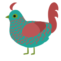 A turquoise and red chicken with a lace pattern