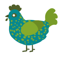A teal and chartreuse chicken with a speckle pattern