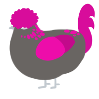A grey and fuchsia chicken with a neck-speckle pattern