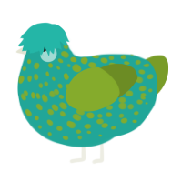 A turquoise and chartreuse chicken with a speckle pattern