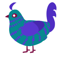 O, a teal and indigo chicken with a bar pattern