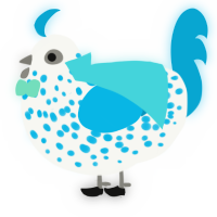 A white and cerulean chicken with a speckle pattern
