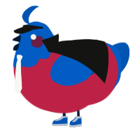 A crimson and ultramarine chicken with a head pattern