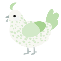 A white and gluppy chicken with a speckle pattern