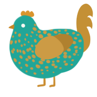 A turquoise and gold chicken with a speckle pattern