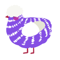 A blurple and white chicken with a bar pattern