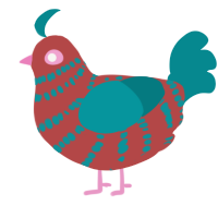 A red and teal chicken with a bar pattern