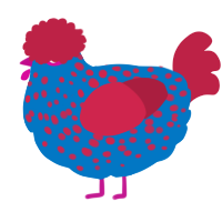 A sapphire and crimson chicken with a speckle pattern
