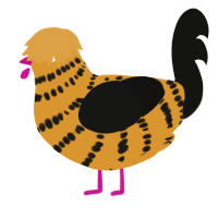 A orange and black chicken with a bar pattern