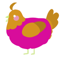 A fuchsia and ochre chicken with a head pattern