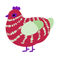 Carnival, a crimson and gluppy chicken with a bar pattern