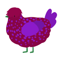 A maroon and violet chicken with a speckle pattern