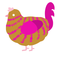 A gold and fuchsia chicken with a bar pattern