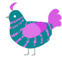 A teal and orchid chicken with a bar pattern
