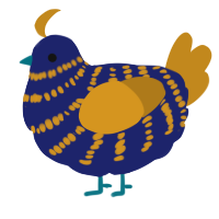 A navy and ochre chicken with a bar pattern