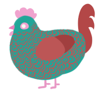 A turquoise and red chicken with a double-lace pattern