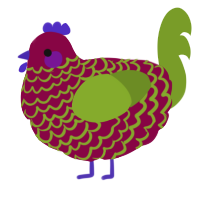 A maroon and chartreuse chicken with a lace pattern