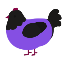 A blurple and sable chicken with a head pattern