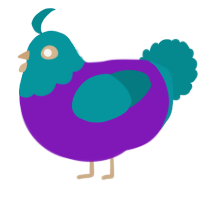 A violet and teal chicken with a head pattern