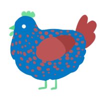 A sapphire and red chicken with a speckle pattern