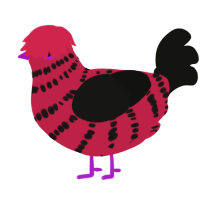 A crimson and black chicken with a bar pattern
