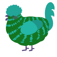 A leaf and turquoise chicken with a bar pattern