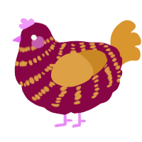 A maroon and orange chicken with a bar pattern