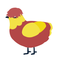 A red and yellow chicken with a head pattern