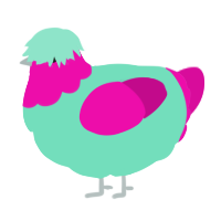 A mint and fuchsia chicken with a head pattern