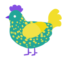 A turquoise and yellow chicken with a speckle pattern