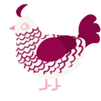 A white and maroon chicken with a lace pattern