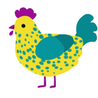 A yellow and teal chicken with a speckle pattern