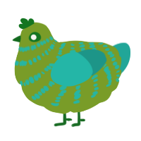 A chartreuse and turquoise chicken with a bar pattern